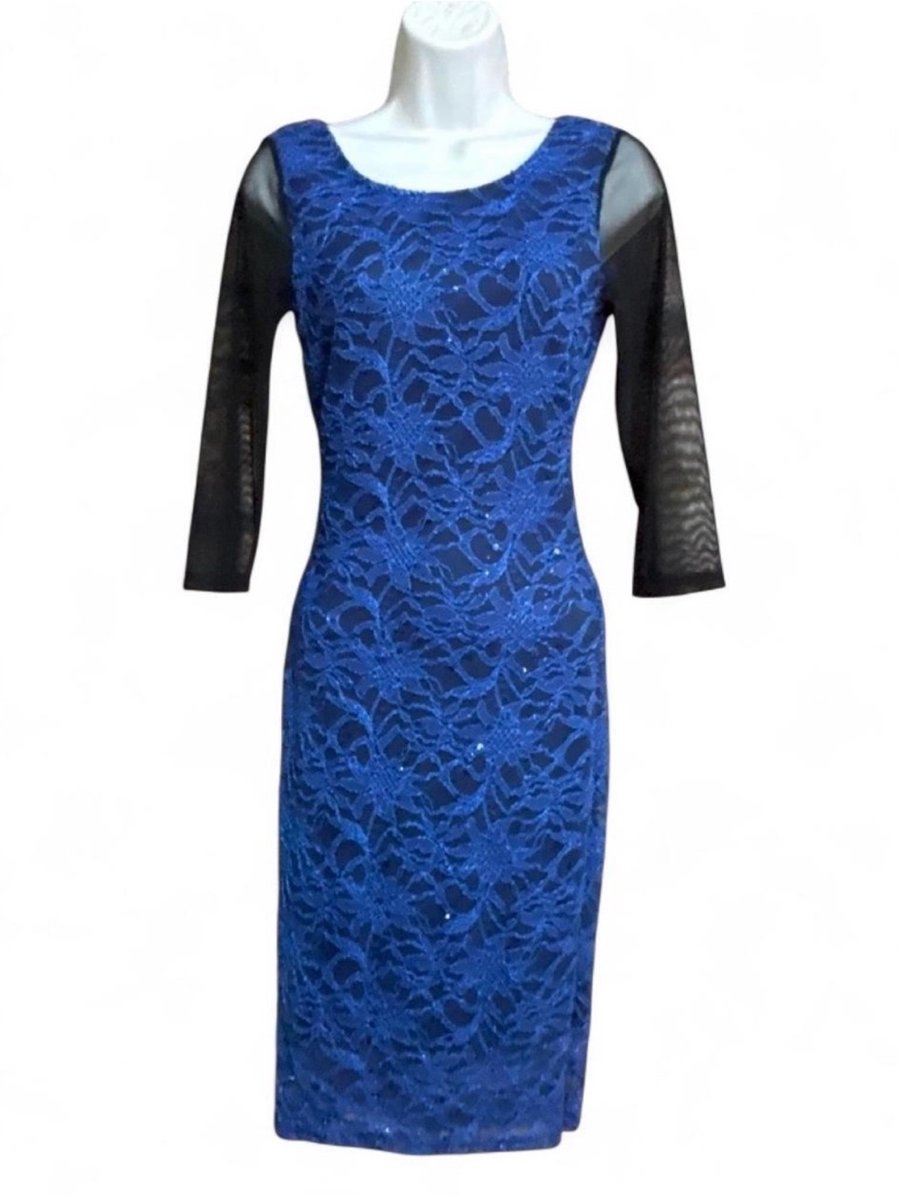 NWT Royal Blue Lace Sheath Dress with Black Mesh Sleeves chain back detail